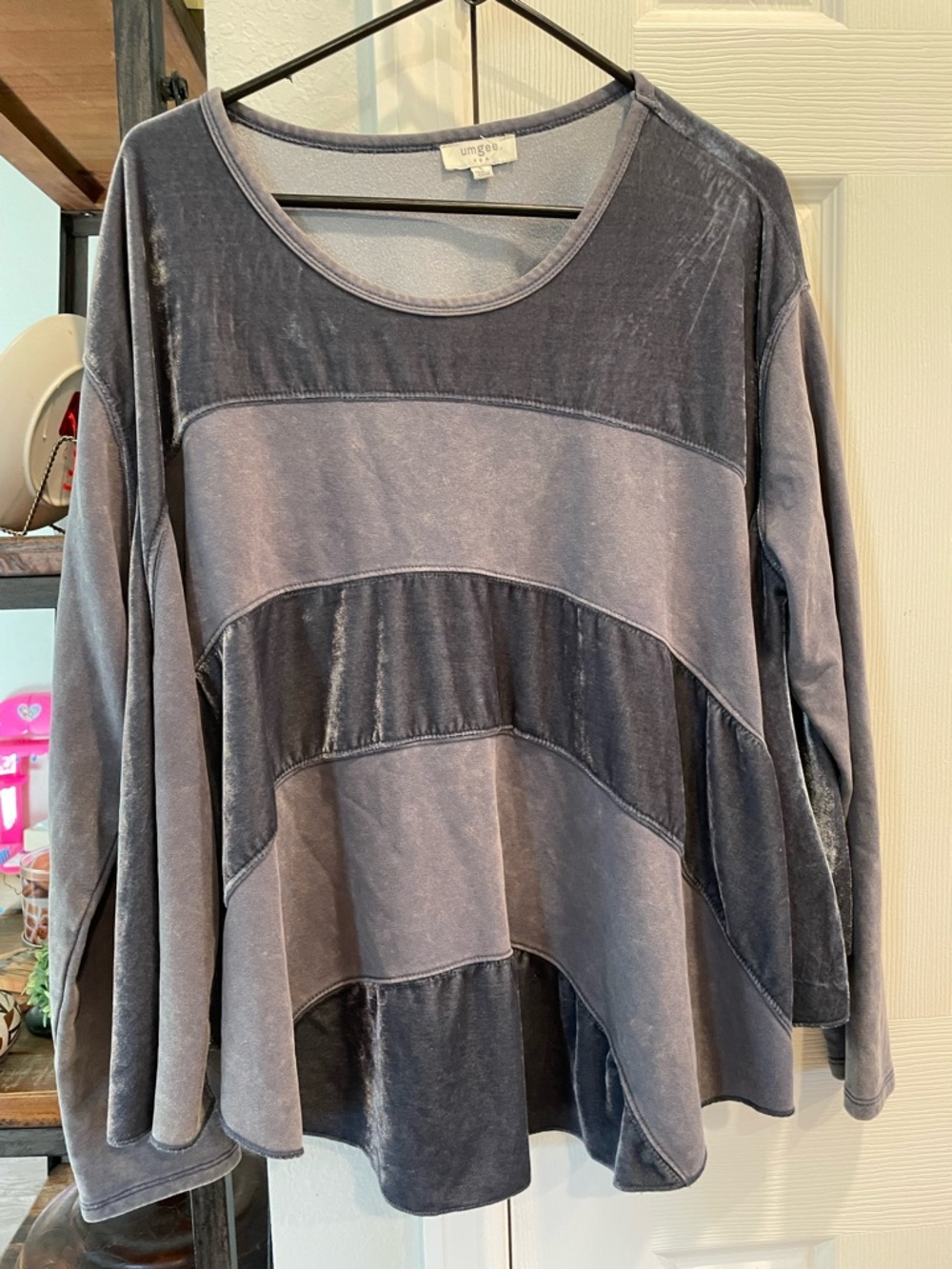 Umgee Long sleeve Lagenlook Mixed Media Gray striped Crushed velvet boho tunic L
